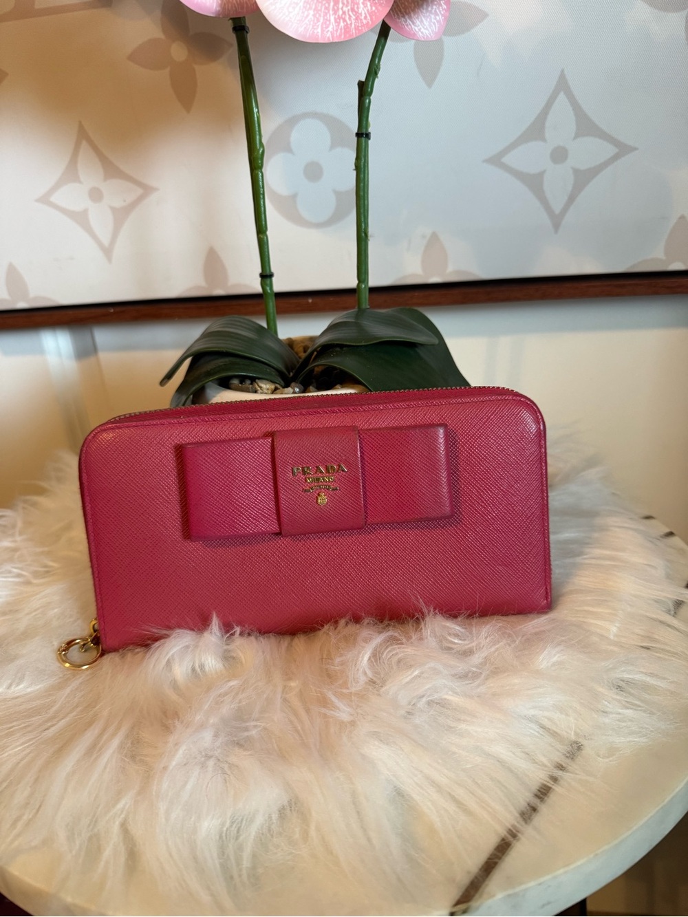 #106 Prada Pink Saffiano Zip-Around Wallet with Decorative Bow
